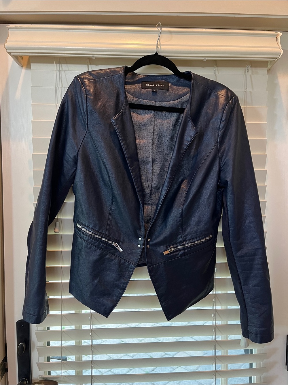 Black Rivet Navy Faux Leather Blazer Jacket with Zip Pockets